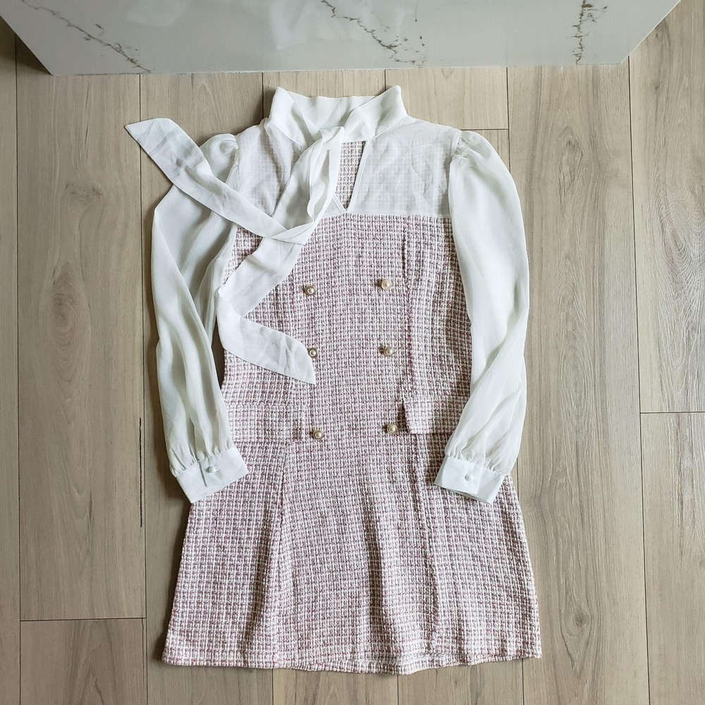 Dress Womens M Pink Tweed‎ High Neck Long Sleeve Bow Shift Mini Sheer Office